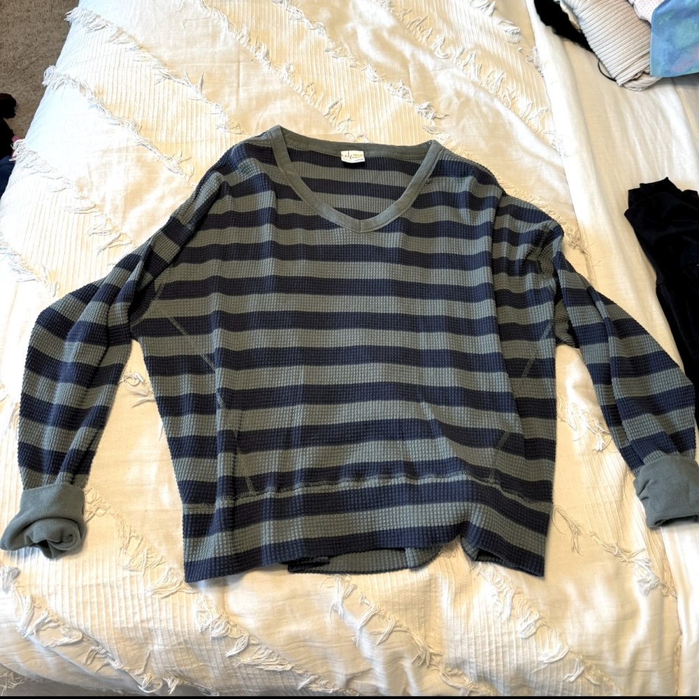 Aerie blue and green stripe long sleeve waffle knit